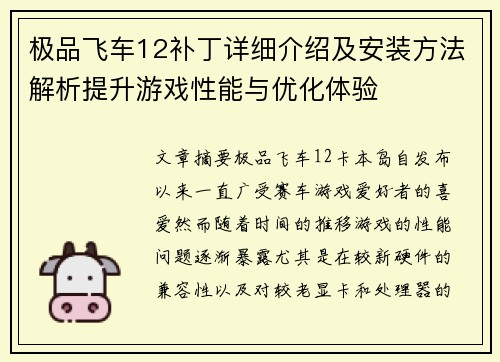 极品飞车12补丁详细介绍及安装方法解析提升游戏性能与优化体验